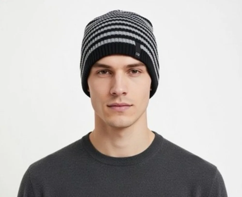CRP Black Gray Striped Rib Knit Beanie Hat Adult One Size Wool Blend Unisex VG